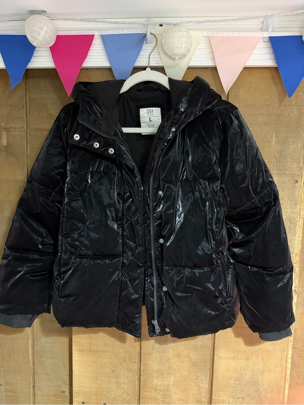 GAP Shiny Black Hooded Puffer Coat